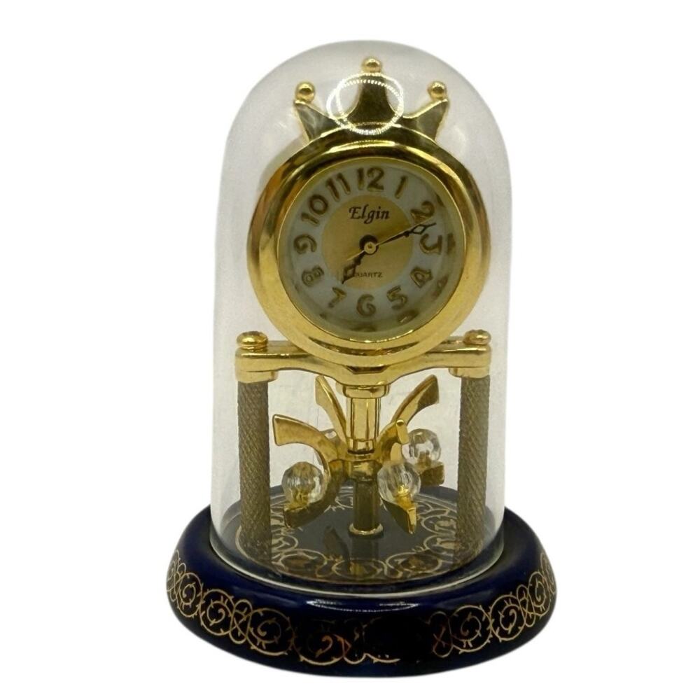 Vtg  Elgin Miniature Blue & Gold Enamel Dome Quartz Anniversary Clock